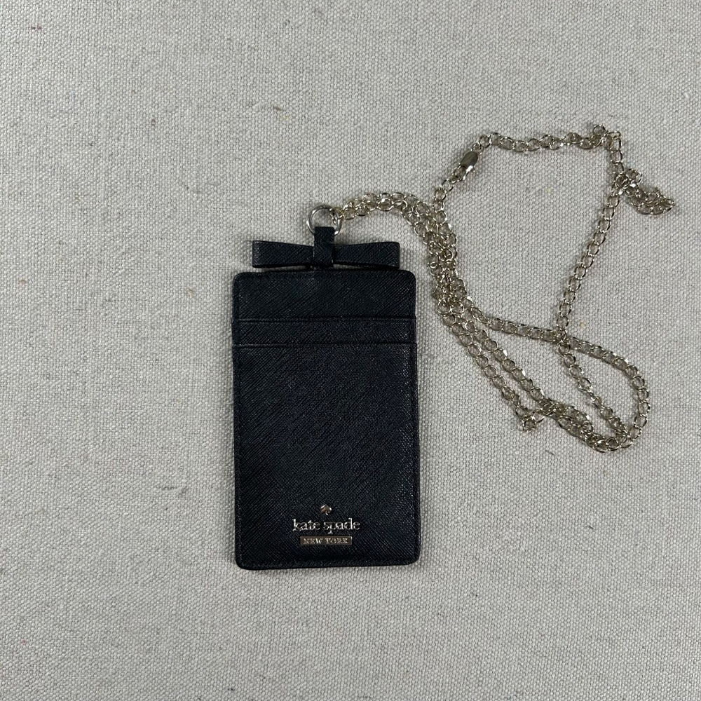 Kate Spade Black Leather Lanyard ID Holder Card Case with Chain